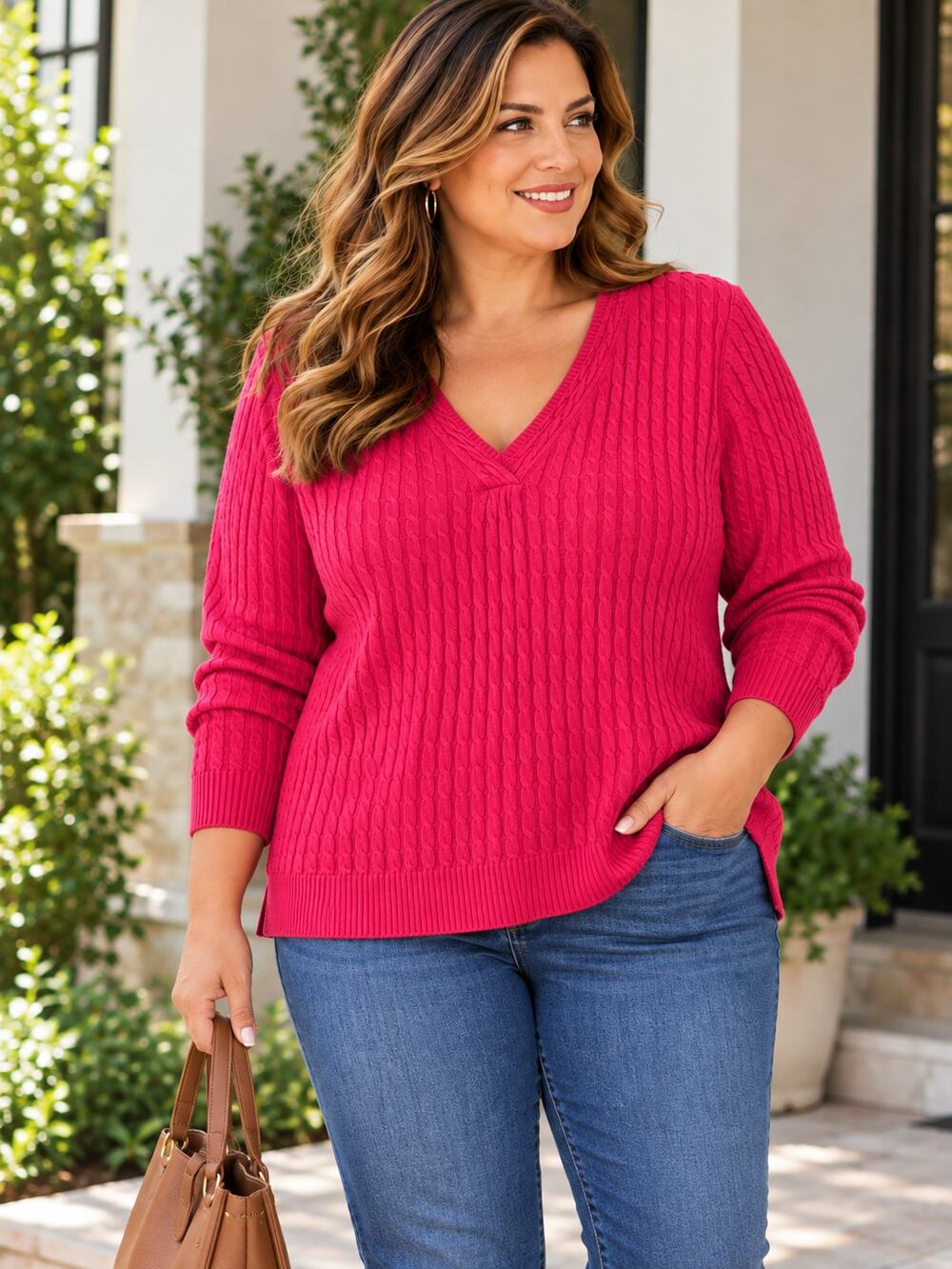 NEW! Talbots Woman 1X Pink Cable Knit V-Neck Pima Cotton Sweater NWT